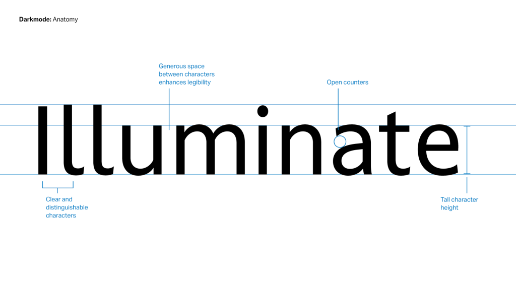 Darkmode, un carattere creato per fornire l’esperienza di lettura più accessibile possibile in ambiente UI. Dal catalogo retail di Dalton Maag.