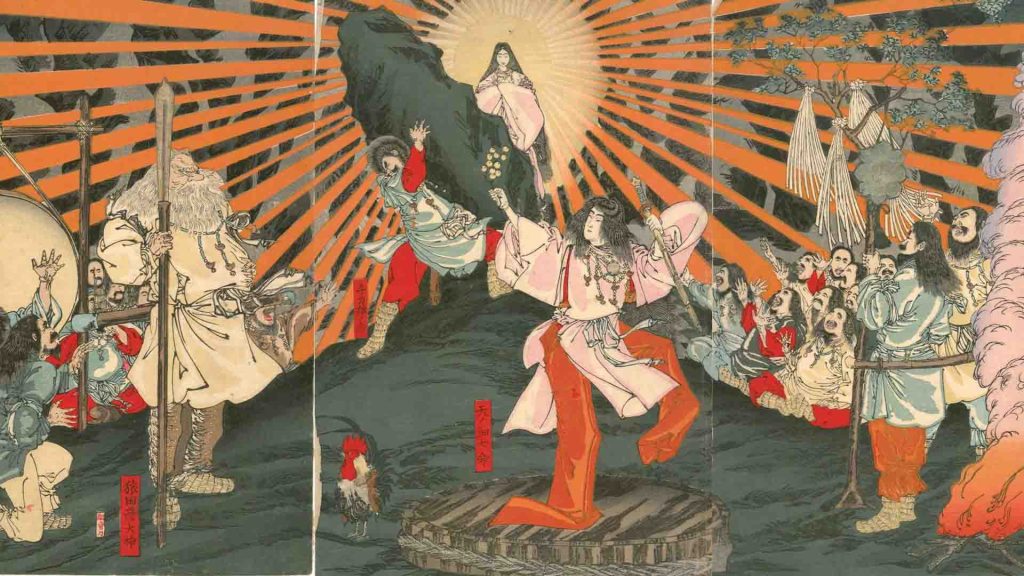 Stampa giapponese che ritrae Amaterasu, divinità della bandiera del Giappone mentre esce dalla caverna e torna ad illuminare la terra